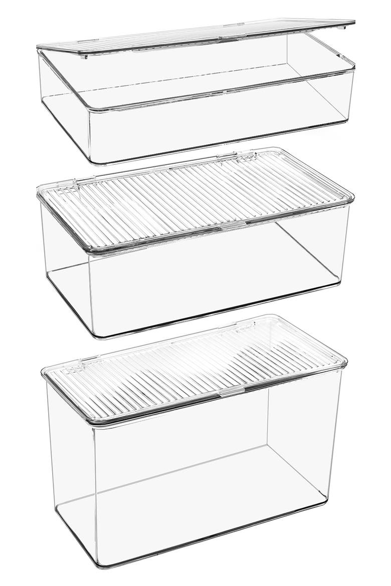 Set of 3 Hinged Lid Storage Bins, Main, color, CLEAR