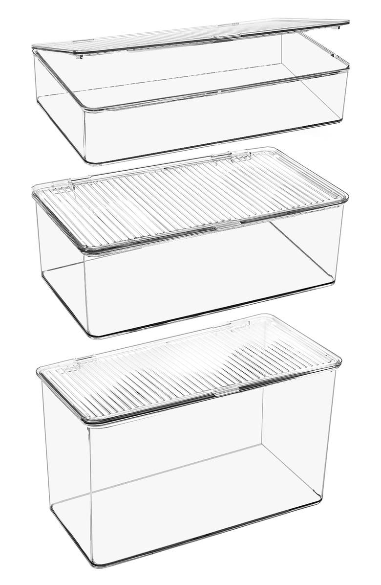 SORBUS Set of 3 Hinged Lid Storage Bins, Main, color, Clear