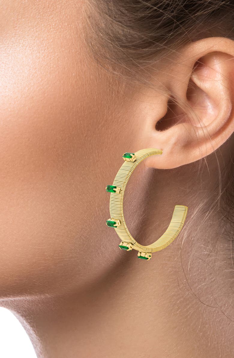 CZ by Kenneth Jay Lane Emerald Cubic Zirconia Glam Hoop Earrings, Alternate, color, Green/ Gold