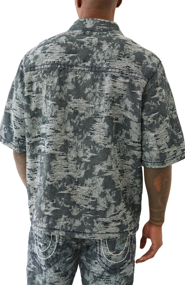 True Religion Super T Oversize Short Sleeve Distressed Denim Button-Up Shirt, Alternate, color, Midnight Rider Dark Wash