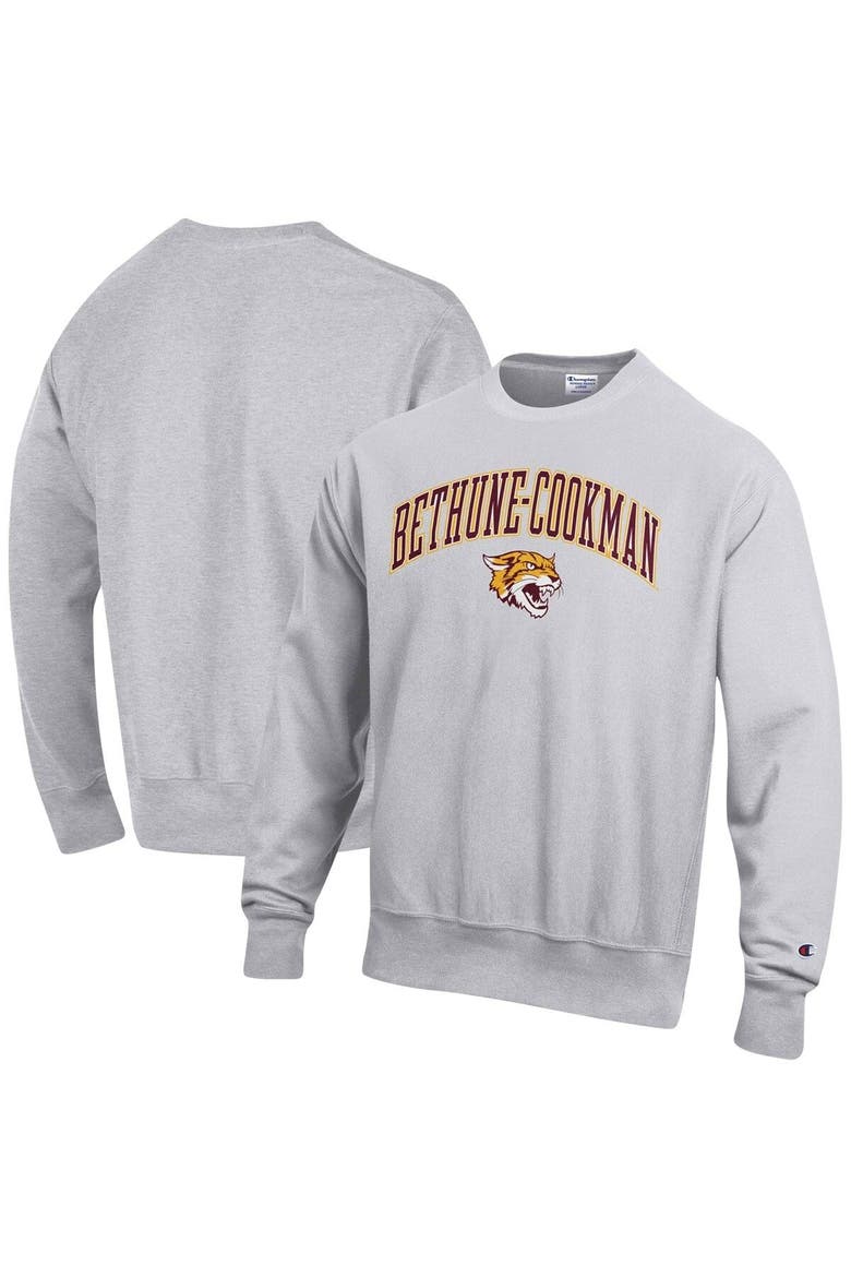 Men's Champion Heathered Gray Bethune-Cookman Wildcats Arch Over Logo Reverse Weave Pullover Sweatshirt, Main, color, Heather Gray