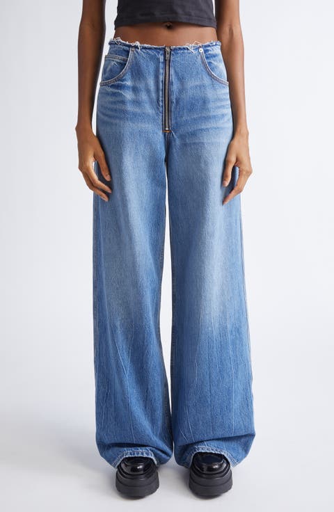 Raw Cut Waist Low Rise Wide Lean Jeans (Vintage Marbled Blue)