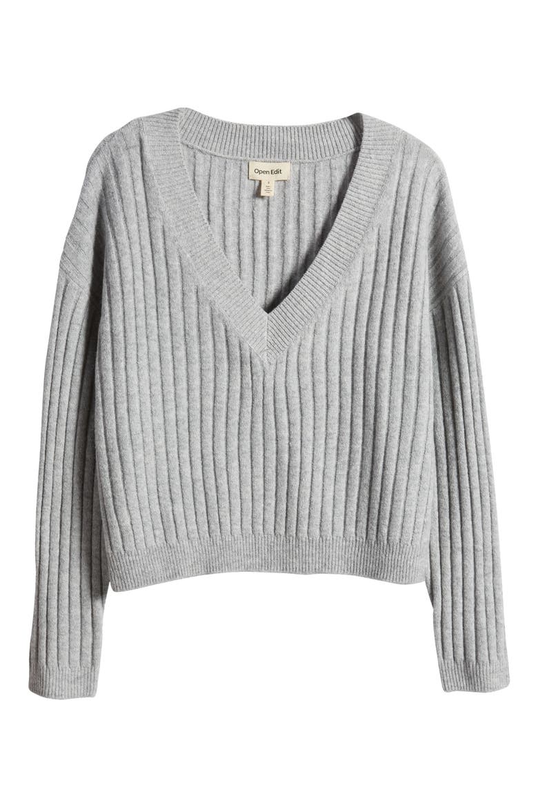 V-Neck Rib Sweater, Alternate, color, GREY HEATHER
