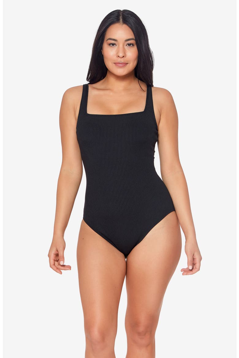Walk Line Square Neck Underwire One-Piece Swimsuit, Alternate, color, BLACK