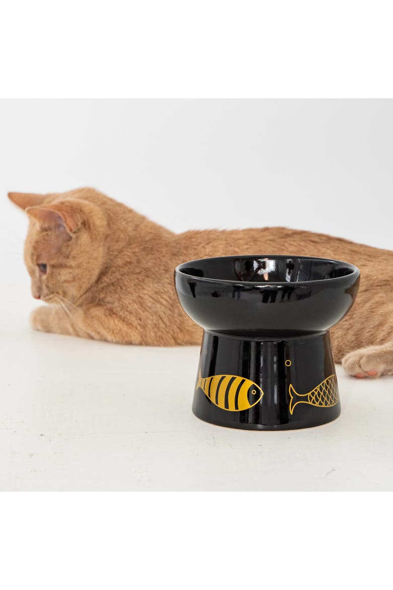 Elevated Ceramic Cat Bowl, Black & Gold Fish, 7oz, Alternate, color, Black