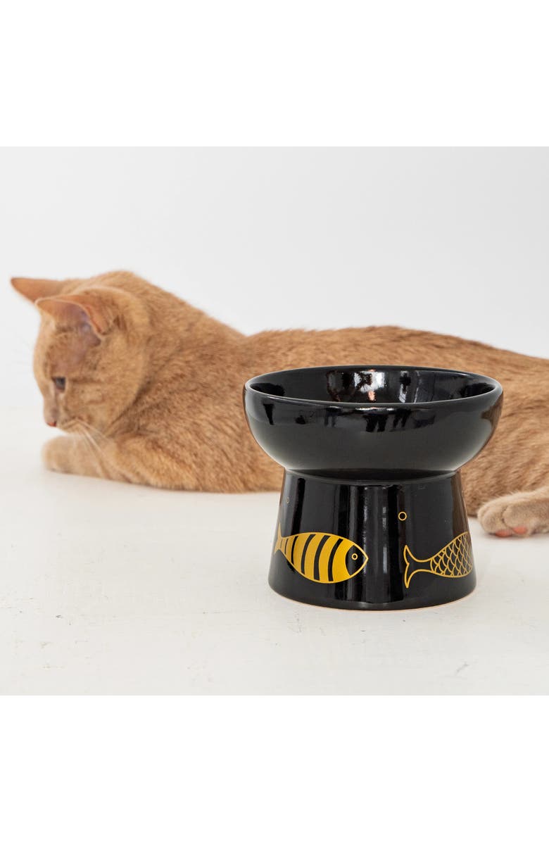 Dexypaws Elevated Ceramic Cat Bowl, Black & Gold Fish, 7oz, Alternate, color, Black