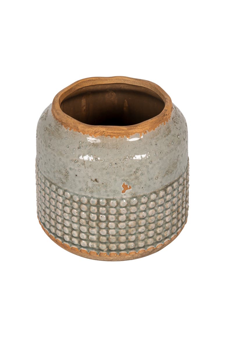 Round Terra-cotta Hobnail Planter Vase with Heavily Distressed Finish, Grey, Main, color, Gray