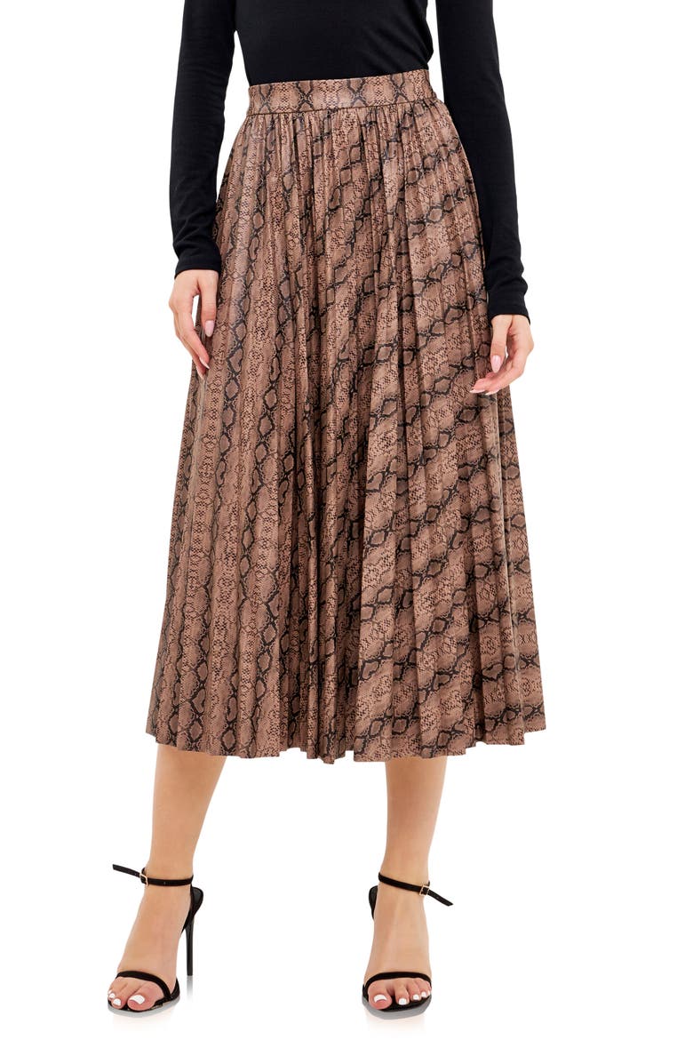 Snakeskin Print Pleated Midi Skirt, Main, color, TAN