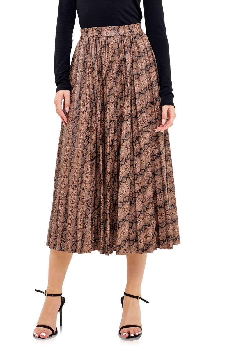 Endless Rose Snakeskin Print Pleated Midi Skirt, Main, color, 