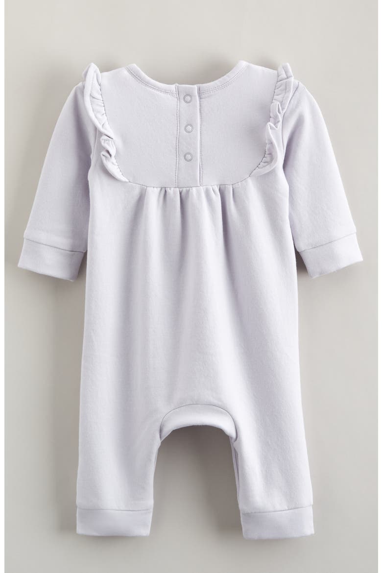 Ruffle Detail Fleece Romper, Alternate, color, PURPLE HINT INGRID FLORAL