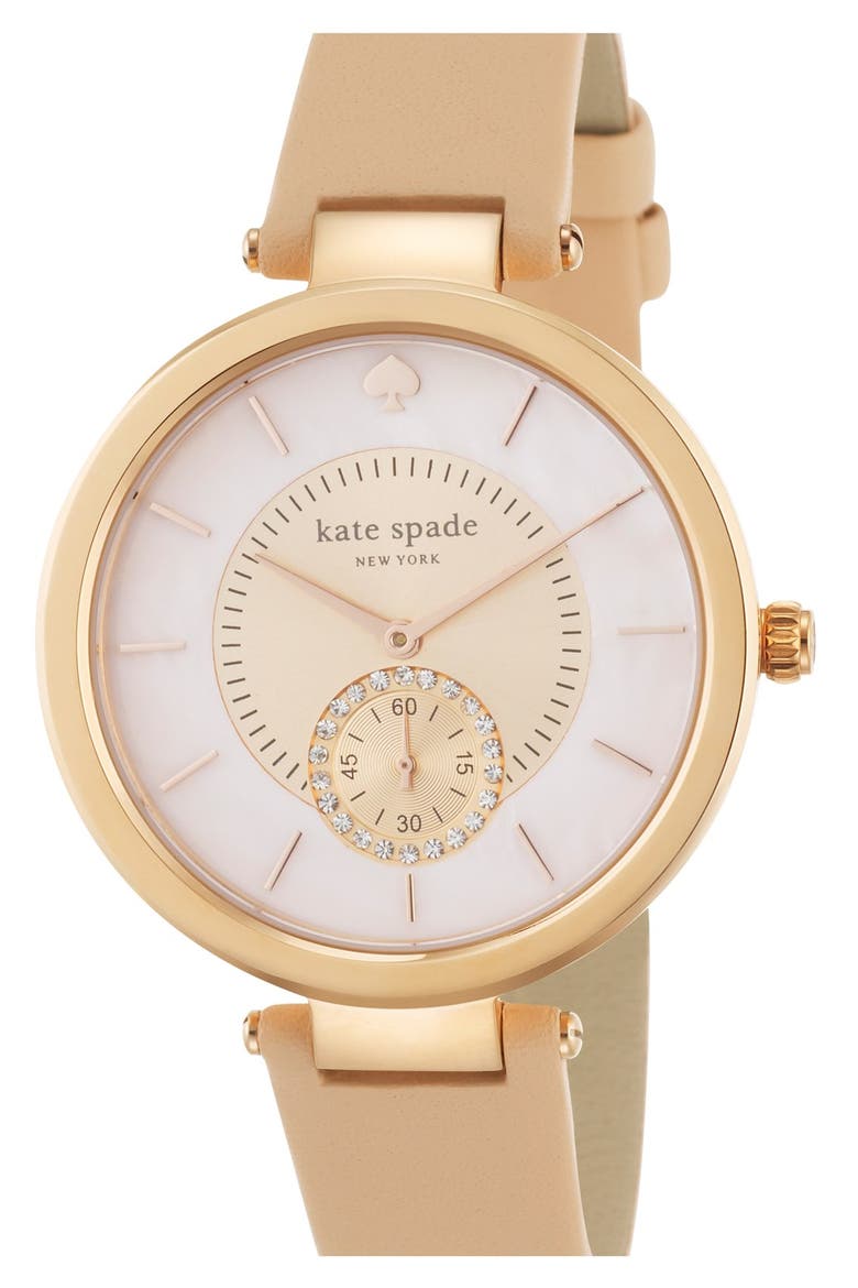'perry' crystal accent leather strap watch, 38mm, Alternate, color, VACHETTA