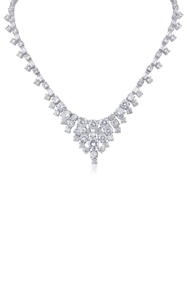 CZ by Kenneth Jay Lane Round Cubic Zirconia Graduated Drop Necklace, Main, color, Silver