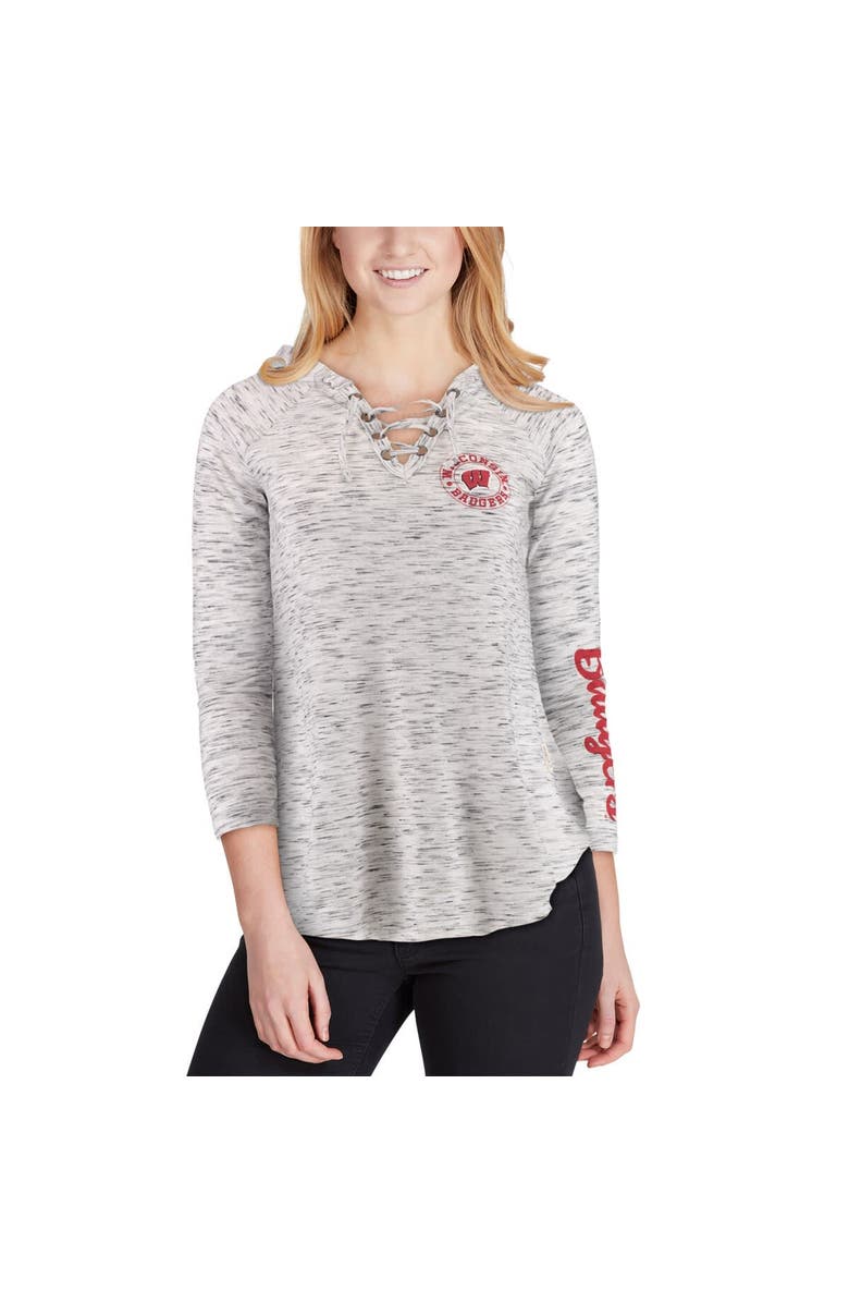 PRESSBOX Women's Pressbox Gray Wisconsin Badgers Space Dye Lace-Up V-Neck Long Sleeve T-Shirt, Alternate, color, 