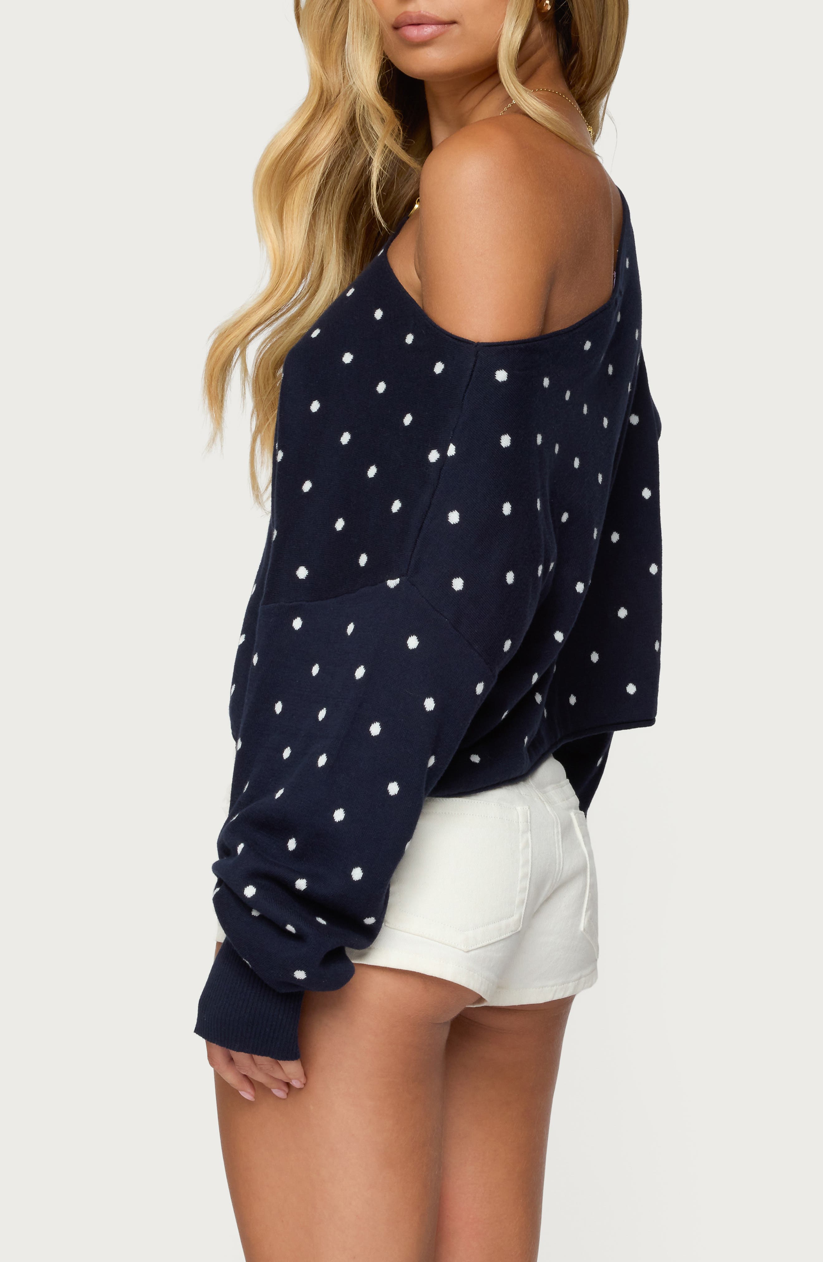 Oversize Off the Shoulder Polka Dot Sweater - image 2