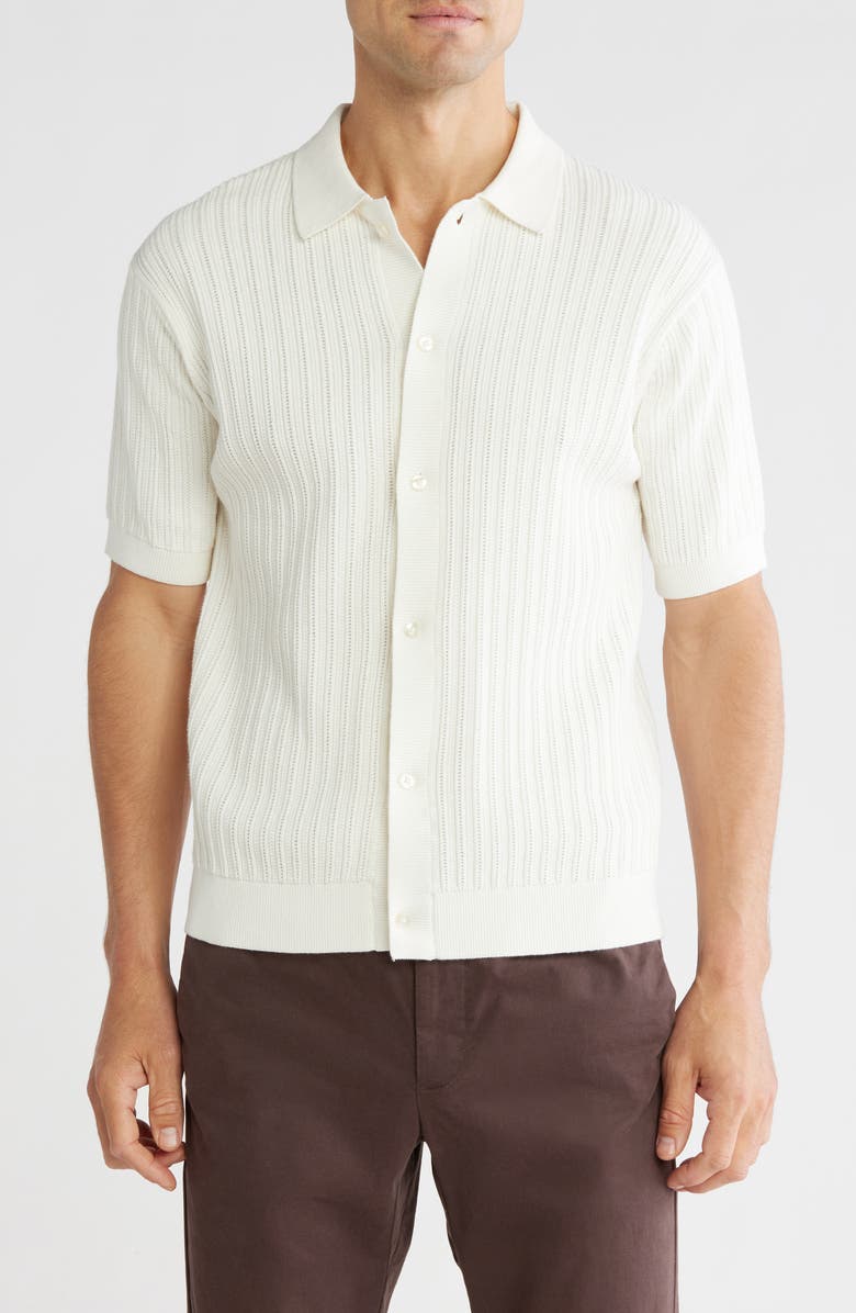 DENIM AND FLOWER Textured Short Sleeve Button-Up Shirt, Main, color, Off White