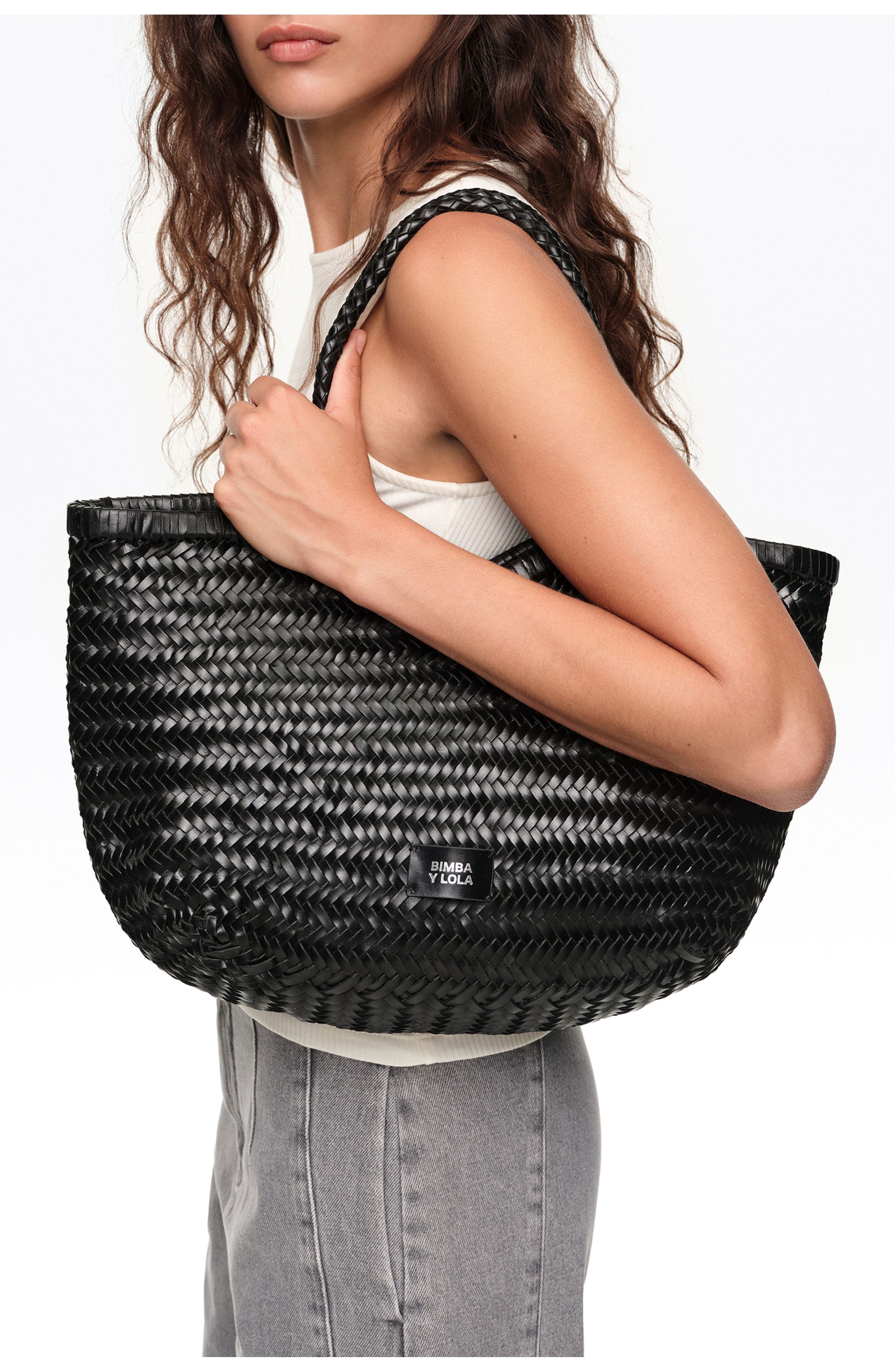 Large Plaited Leather Shopper Bag, Alternate, color, BLACK