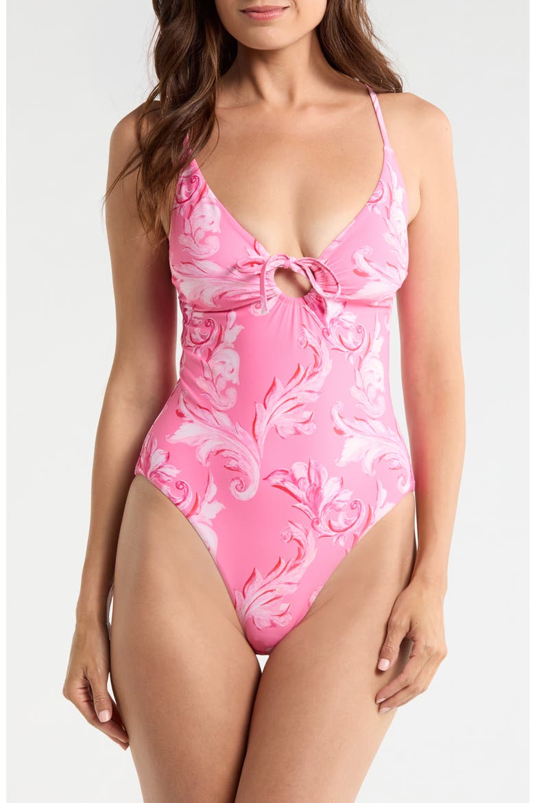 Canopee Ruched Loop One-Piece Swimsuit, Main, color, PINK MULTI