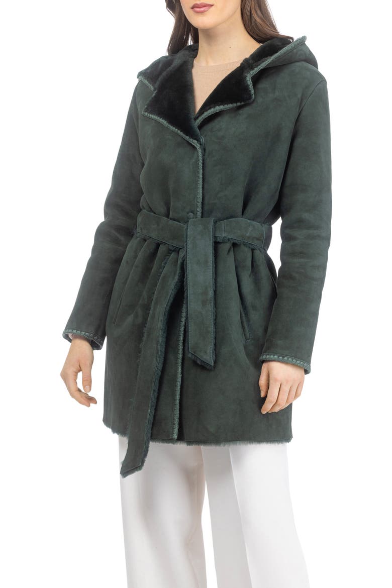 Genuine Shearling Belted Parka with Embroidered Trim, Alternate, color, Emerald