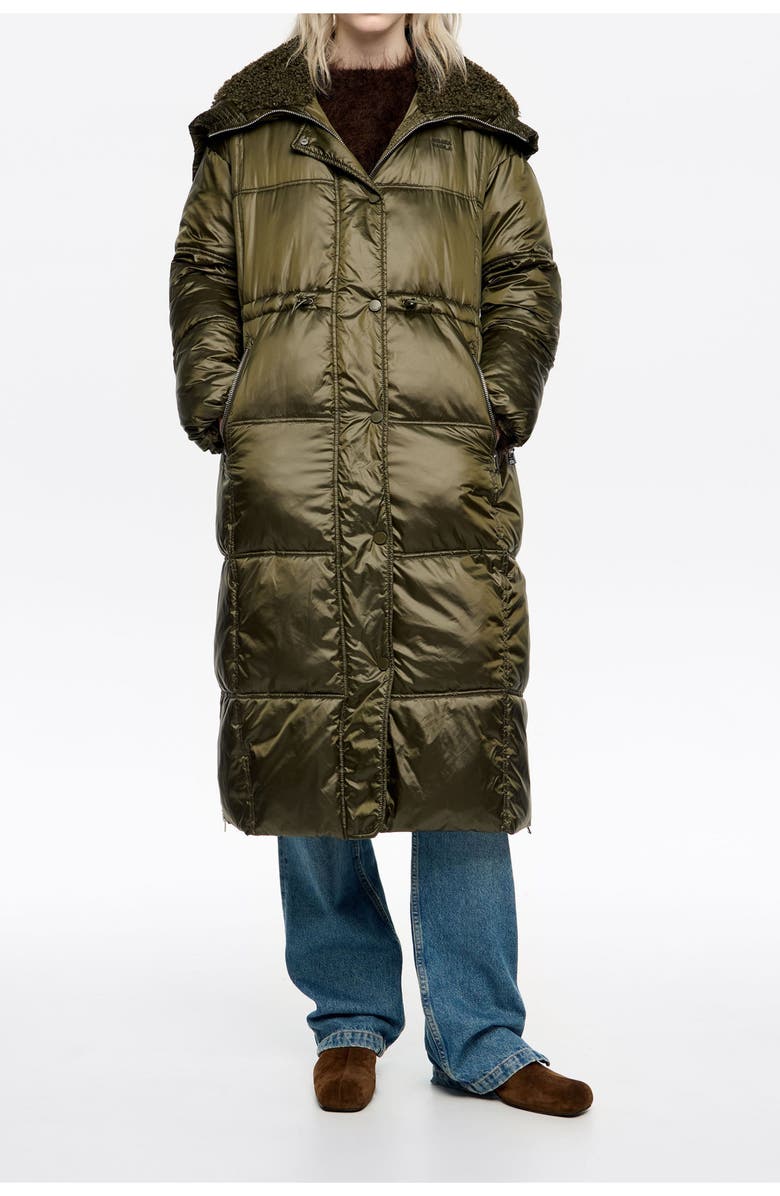 Bimba y Lola Down Jacket With Maxi Neck Faux Shearling Hood, Main, color, Dark Khaki