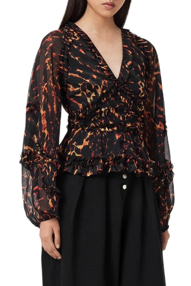 Silvie Print Ruffle Top, Alternate, color, PARDUS FLAME BROWN