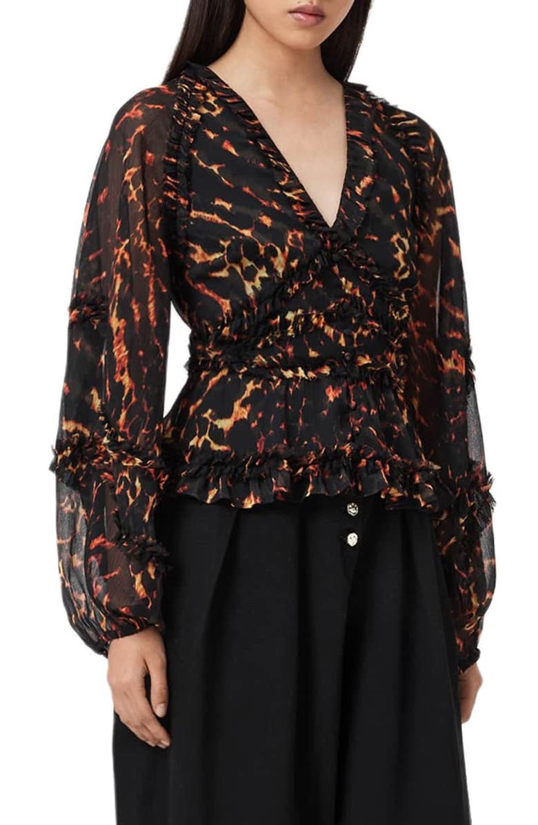 AllSaints Silvie Print Ruffle Top, Alternate, color, Pardus Flame Brown