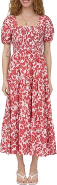 AUGUST SKY Puff Sleeve Smocked Midi Dress