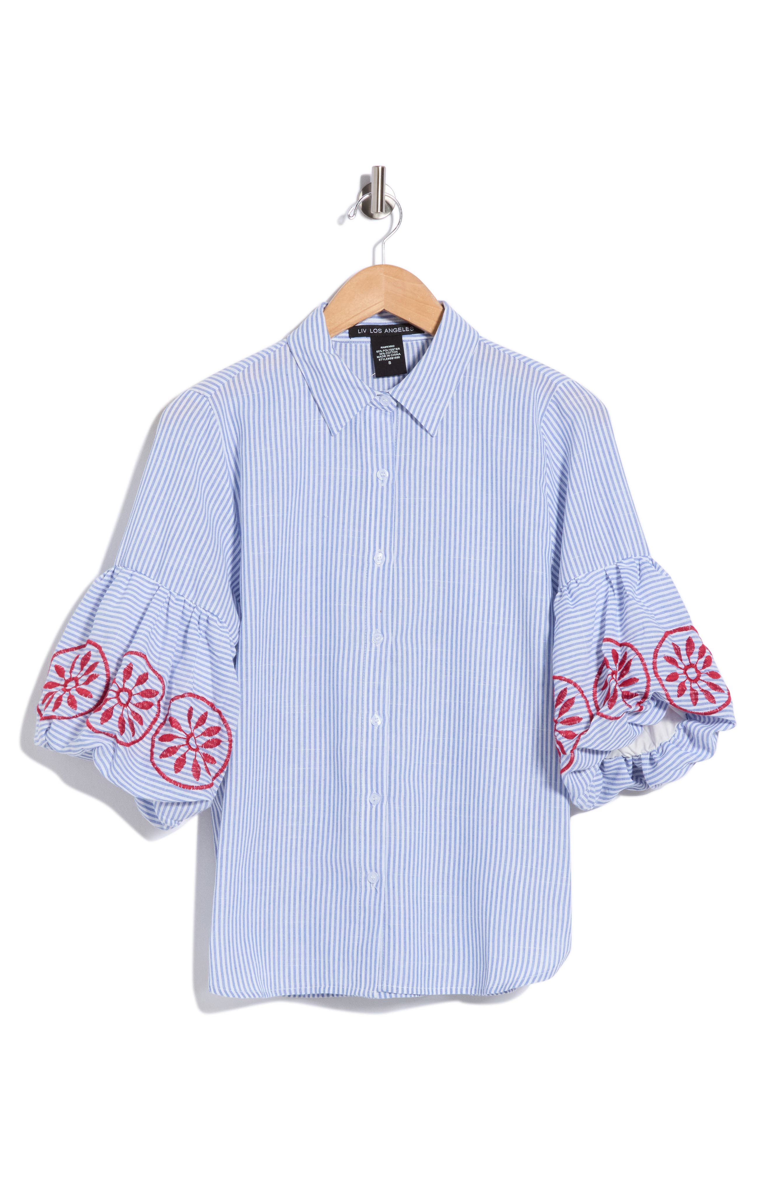 Embroidered Stripe Bubble Sleeve Shirt