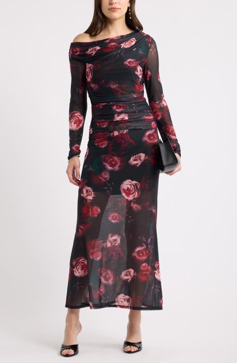 Mesh One-Shoulder Long Sleeve Maxi Dress