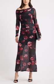Chelsea28 Mesh One-Shoulder Long Sleeve Maxi Dress