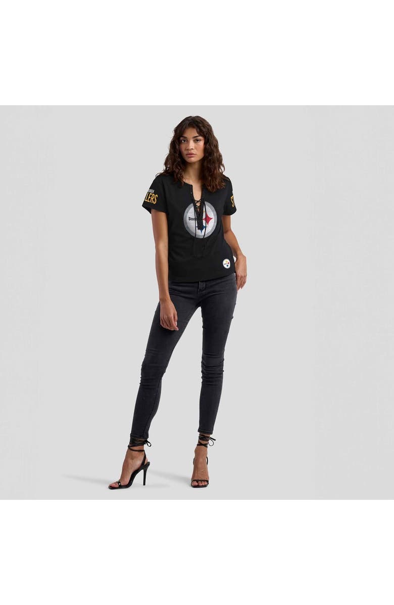 WEAR by Erin Andrews Women's WEAR by Erin Andrews x Gracie Hunt Black Pittsburgh Steelers Draft Me Lace-Up T-Shirt, Alternate, color,