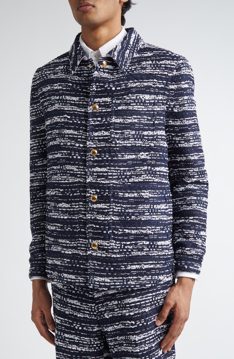 Thom Browne Mèlange Tulle Yarn Tweed Utility Jacket, Alternate, color, Navy