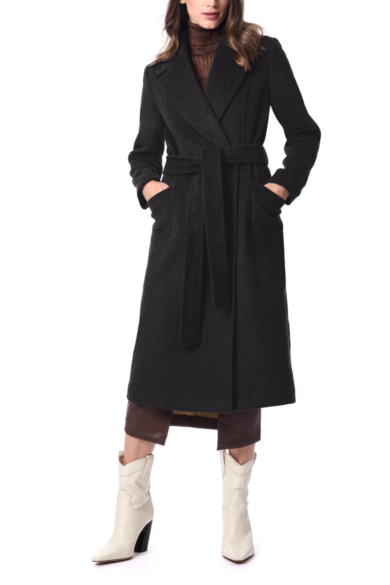 Belted Wool Blend Longline Coat, Alternate, color, BLACK