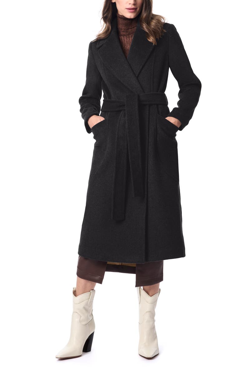 Bernardo Belted Wool Blend Longline Coat, Alternate, color, Black
