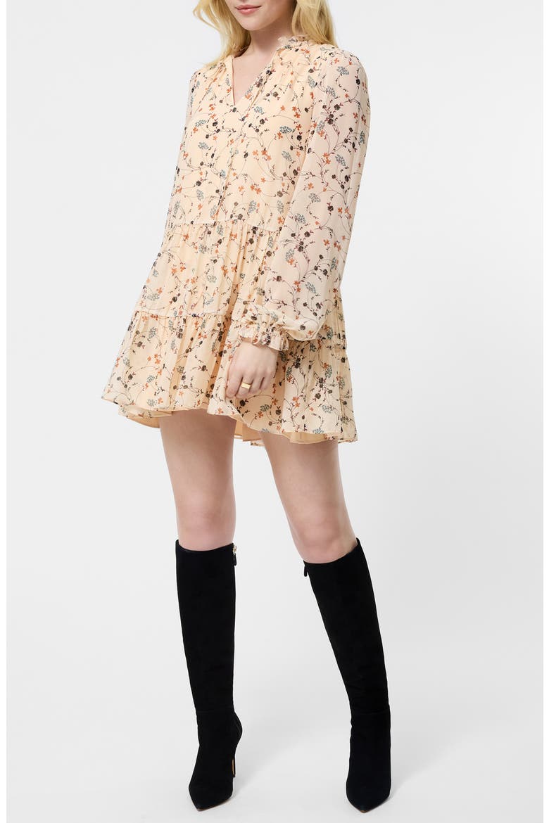 Marina Floral Long Sleeve Chiffon Tiered Minidress, Main, color, BISQUE MULTI