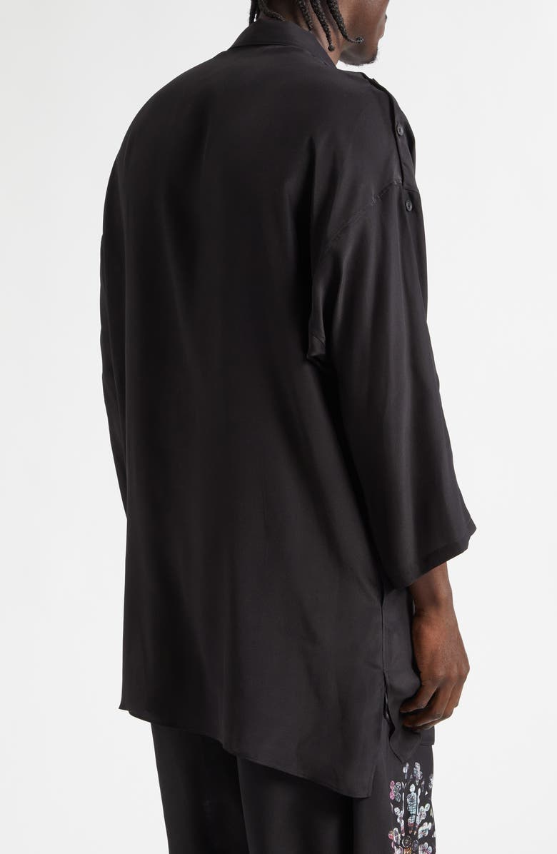 Yohji Yamamoto Button Shoulder Sea Creature Graphic Silk Button-Up Shirt, Alternate, color, Black