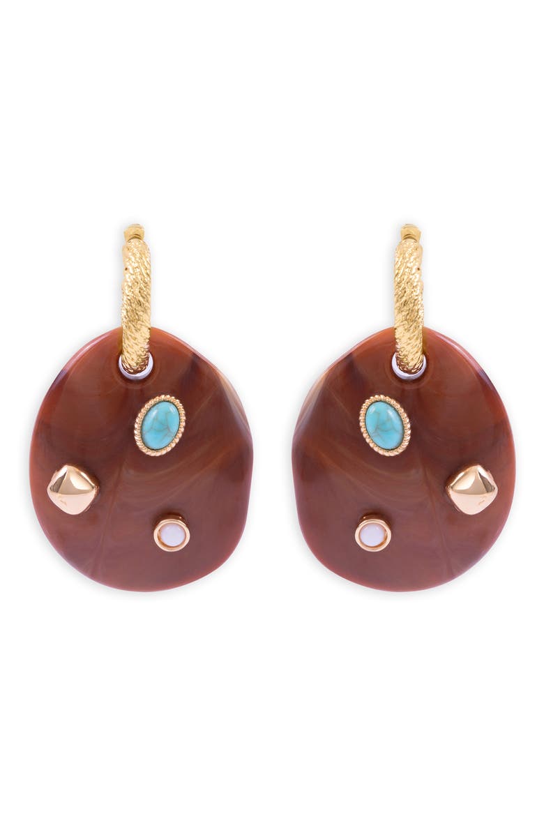 Boho Stone Disc Drop Earrings, Main, color, BROWN