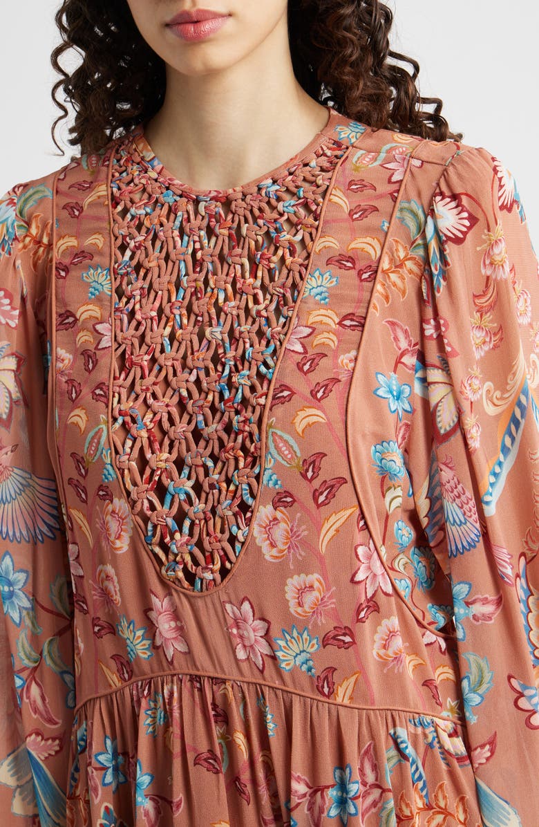 FARM Rio Boho Enchance Long Sleeve Floral Minidress, Alternate, color, Boho Enchance Mocha