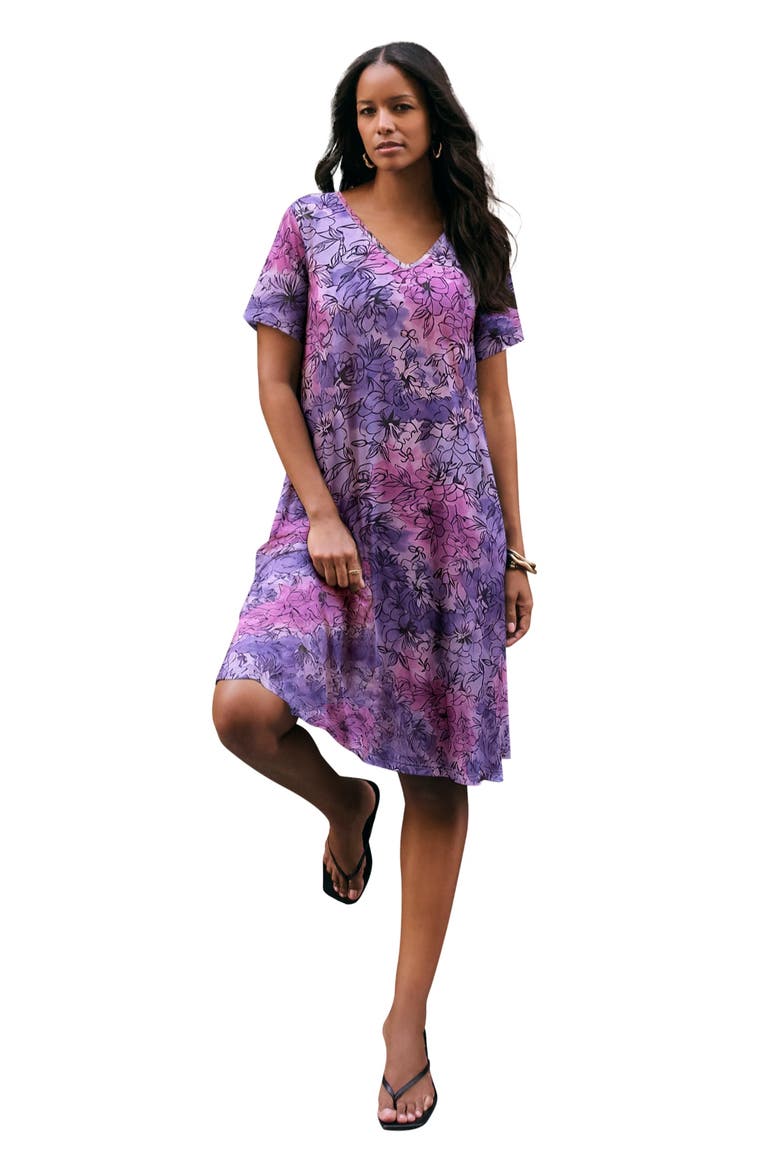 Plus Size Short Sleeve Sleeve Swing Dress, Main, color, LAVENDER TIE DYE FLORAL