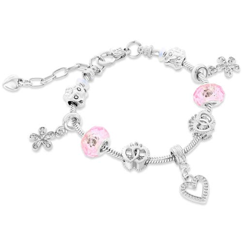 Donatello Gian Pink Crystals And Heart Charm Bracelet In Silver