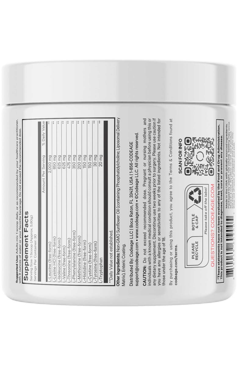 Codeage Liposomal Multi Amino+ BCAA Powder Supplement, Alternate, color, White