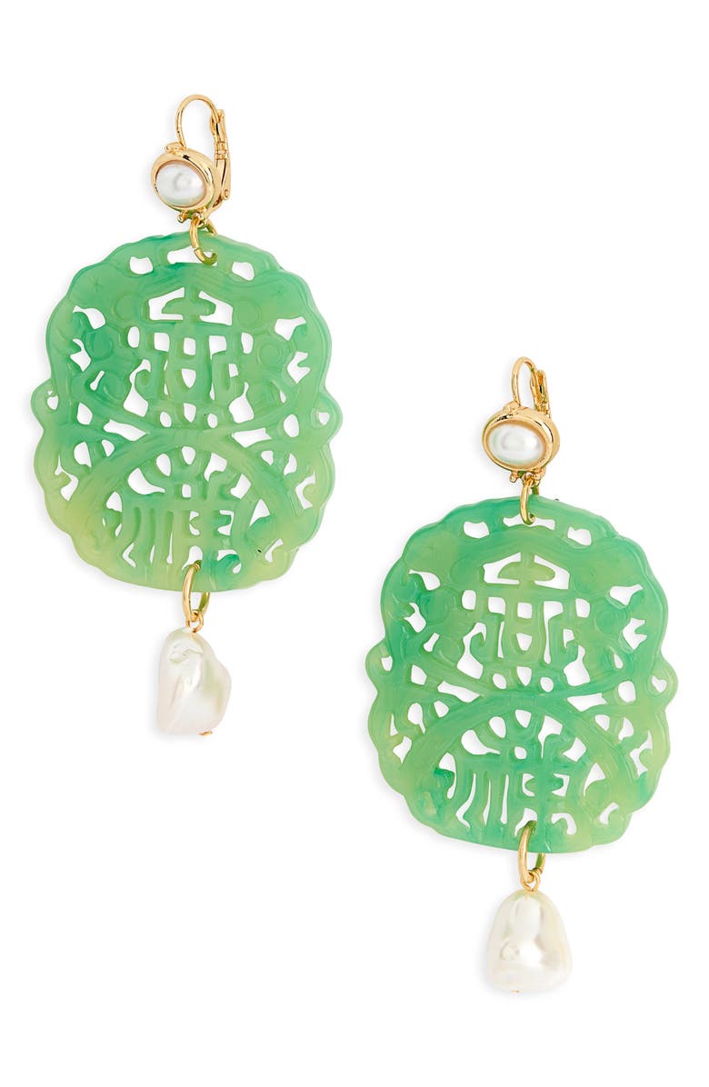 Kenneth Jay Lane Carved Stone Faux Pearl Drop Earrings, Main, color, Jade