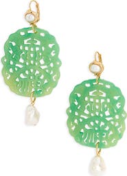 Kenneth Jay Lane Carved Stone Faux Pearl Drop Earrings
