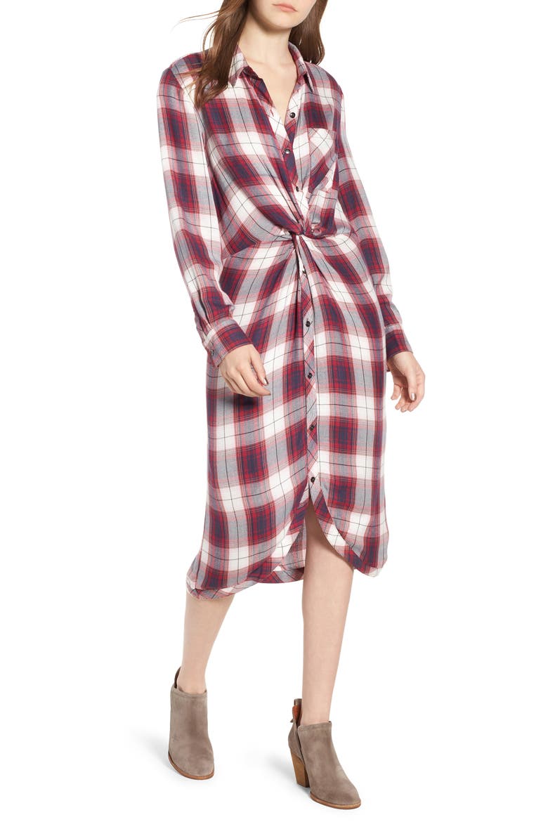 Twist Front Plaid Shirtdress, Main, color, NAVY- RED JAMES PLAID