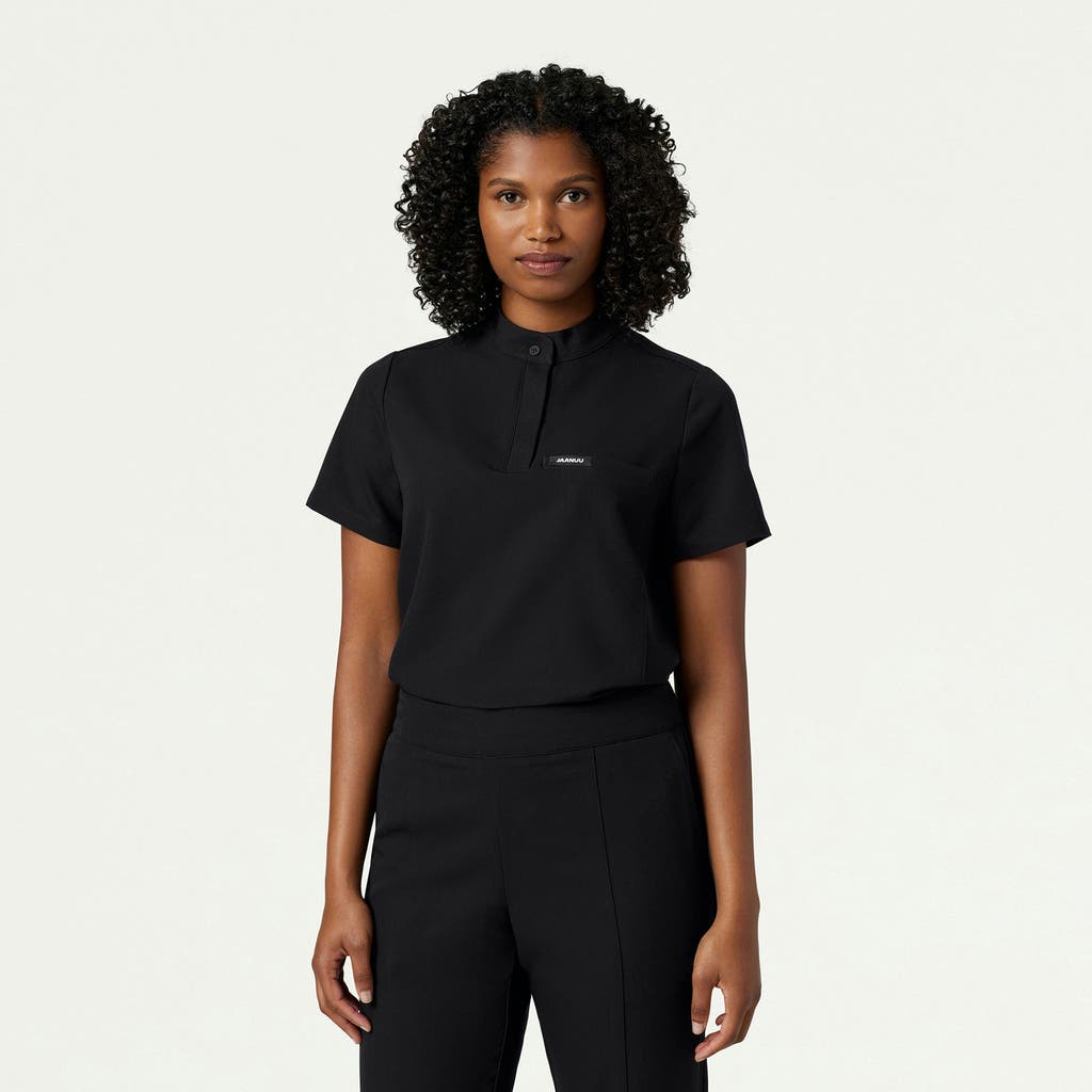 Jaanuu 1-pocket Classic Banded Collar Scrub Top In Black