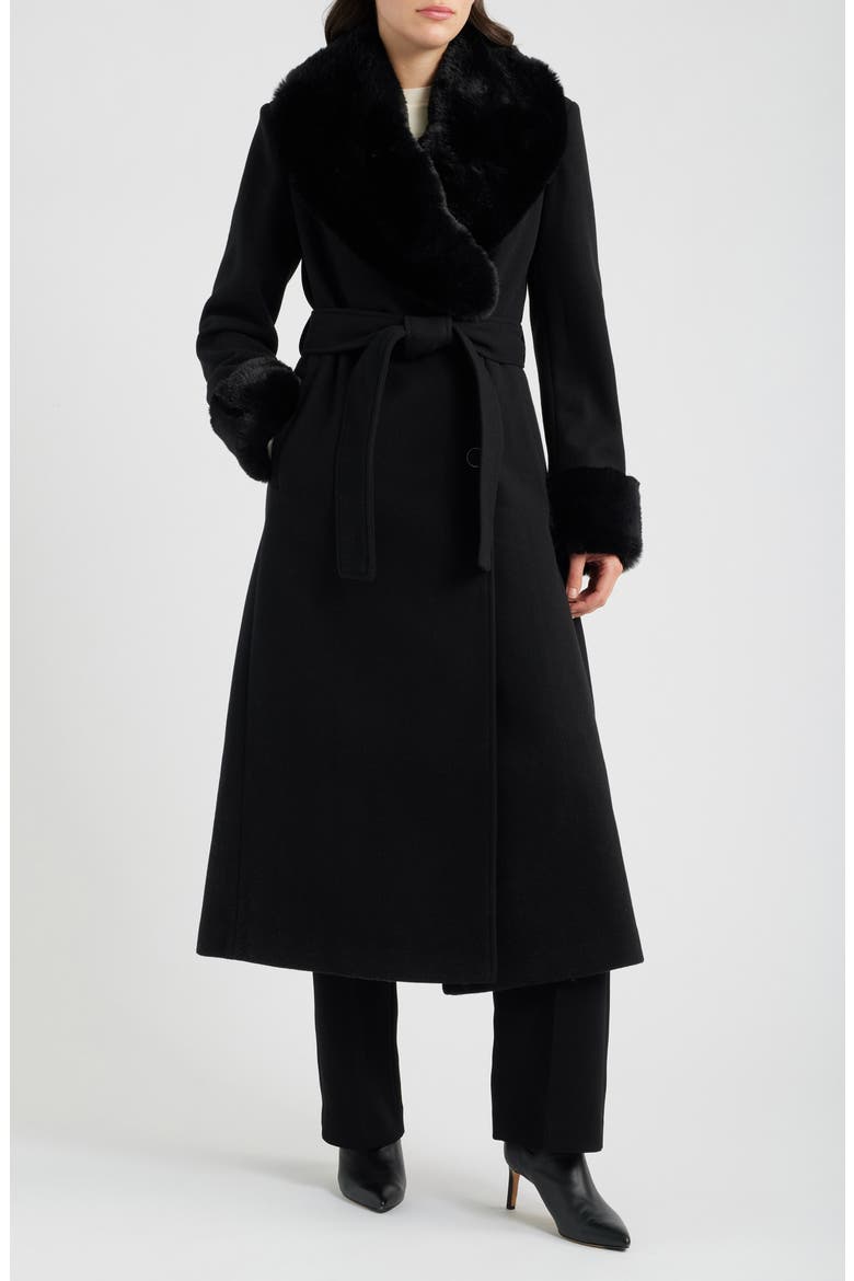 Faux Fur Trim Belted Coat, Main, color, BLACK