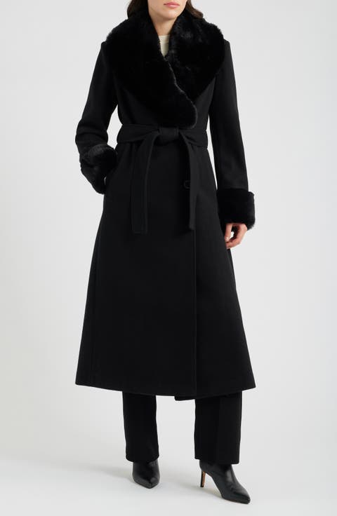 Faux Fur Trim Belted Coat