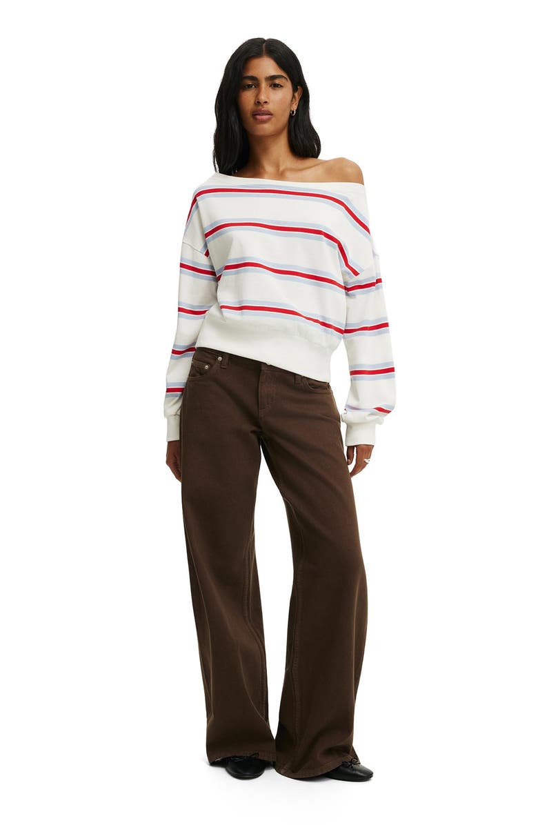 Cotton On Women's Relaxed Off Shoulder Sweatshirt, Alternate, color, Cream Red Blue Multi Stripe