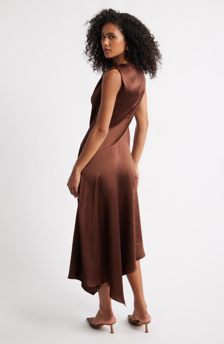 Open Edit Cowl Neck Asymmetric Satin Midi Dress, Alternate, color, Brown Soil