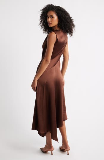 Cowl Neck Asymmetric Satin Midi Dress
