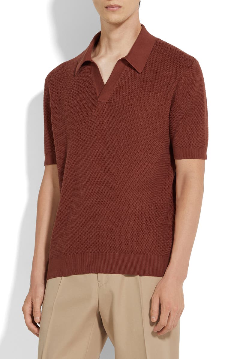 ZEGNA Waffle Knit Premium Cotton Polo Sweater, Main, color, Medium Orange Solid